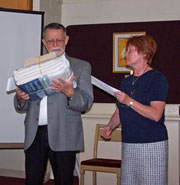 Shepherd of the Streets Smith receiving bedding from Becky Prior