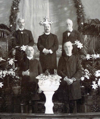 Pastors Rickert, Milller, Horne, Kunkle & Fahs pose in the chancel on the Golden Jubilee
				 (1902)
