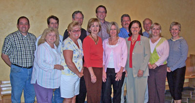 Church Council, 2007-08.  From Left, back row:  Eric Comini, Bob Jones, Pastor Kenneth Elkin, Gary Weber, Mike Jenson, Bud Hershberger.  Front row:  Donna Clark, Jackie Kinney, Deb Maggs, Jane Zimmerman, Nancy Larson, Brenda Bittner and Beth Shafranko.  Missing:  Nick Buckman and Bob Miller.