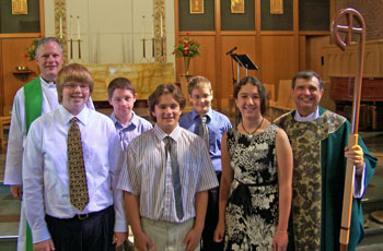 Stephen Boone, Corey Hospes, Emily Newcomer, Devin Owen, and, Riley Weber with Pastor Elkin and Bishop Driesen