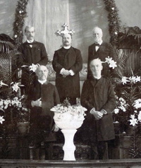 Pastors Rickert, Milller, Horne, Kunkle & Fahs pose in the chancel on the Golden Jubilee
				 (1902)