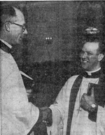 Synod President Rev. Dr. Dwight Putnam congratulating Pastor Hasskarl on his installation - Feb. 6, 1955.