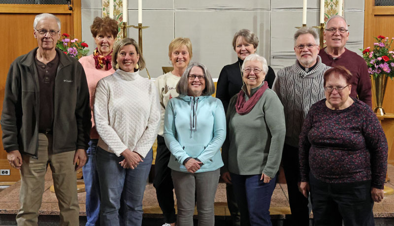 Congregation Council, 2025. From Left, Dick Miller, Helen Schramm, Vicki Haussmann, Wanda Fortin, Cathy Fenderson, LuAnn Zeigler, Cindy Todd, Pastor Brian Vasey, Ray Huff and Deb Buckman. Missing: Dick Reitz, Donna Clark, Nikki Jackson.
